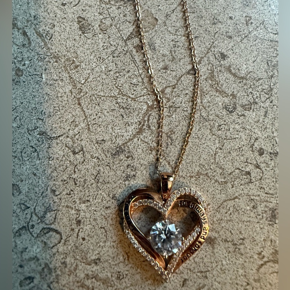 Gold Heart Pendant Necklace with Clear Center Stone